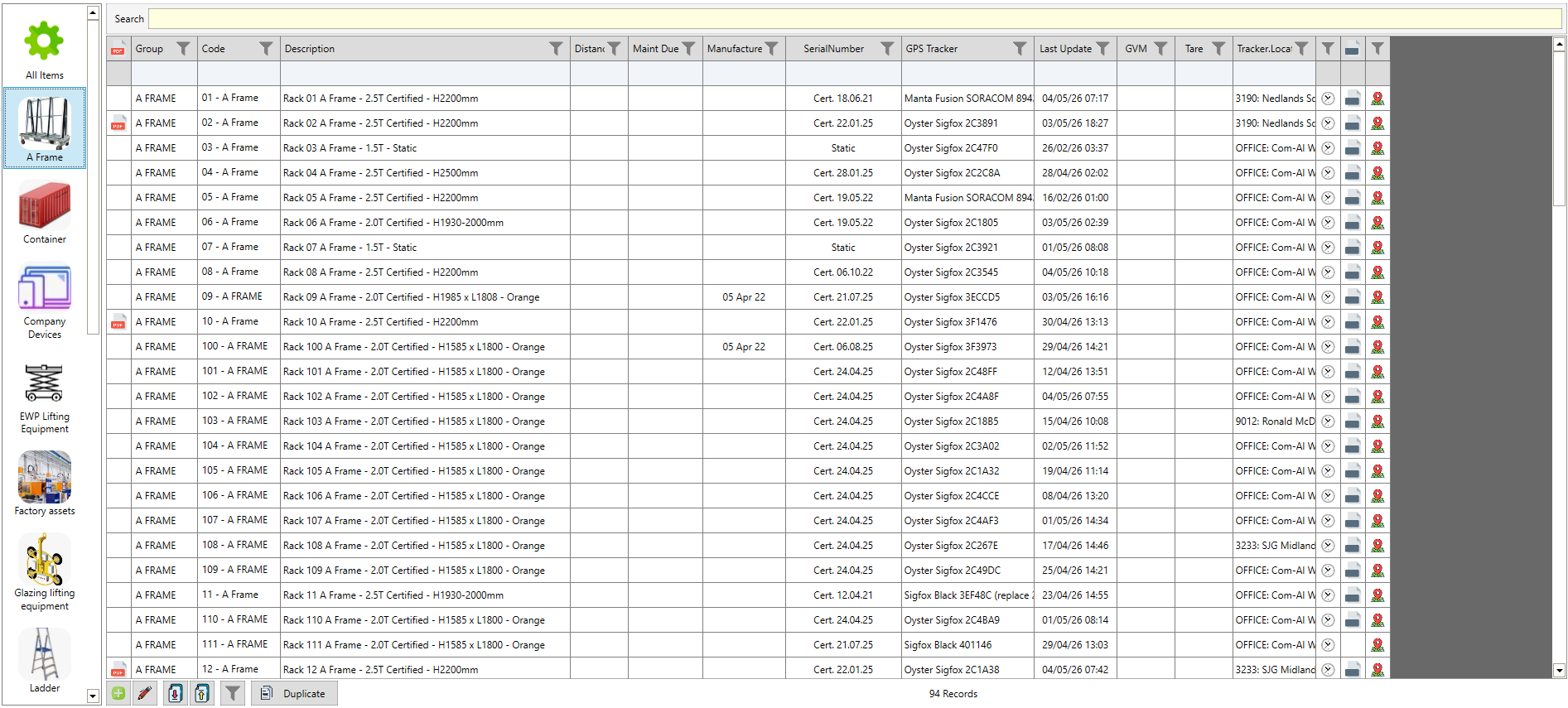 Lists all categories and equipment with relevant forms/images/GPS locations