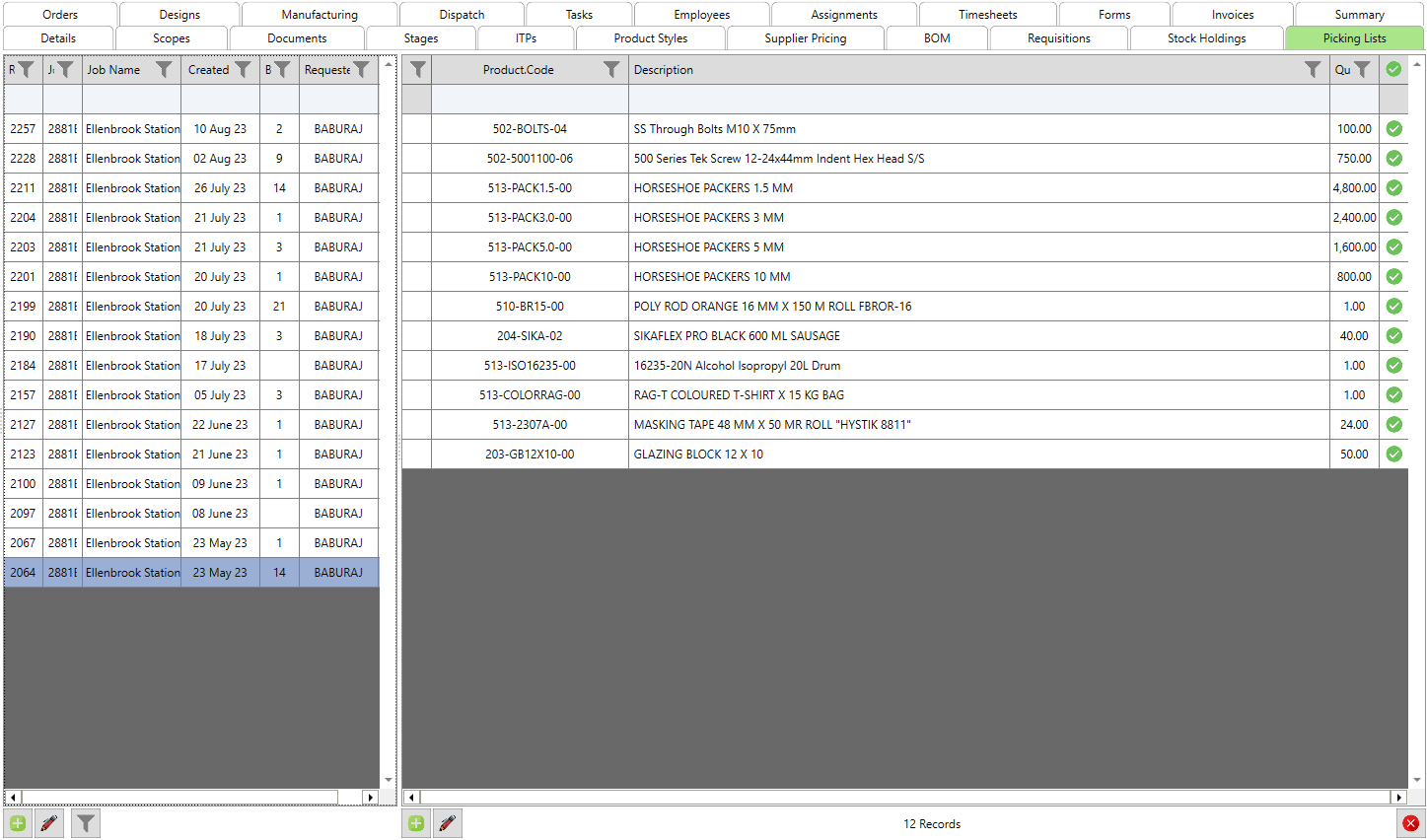 Picking Lists created for this project on the left column, and specific items outlined on the right