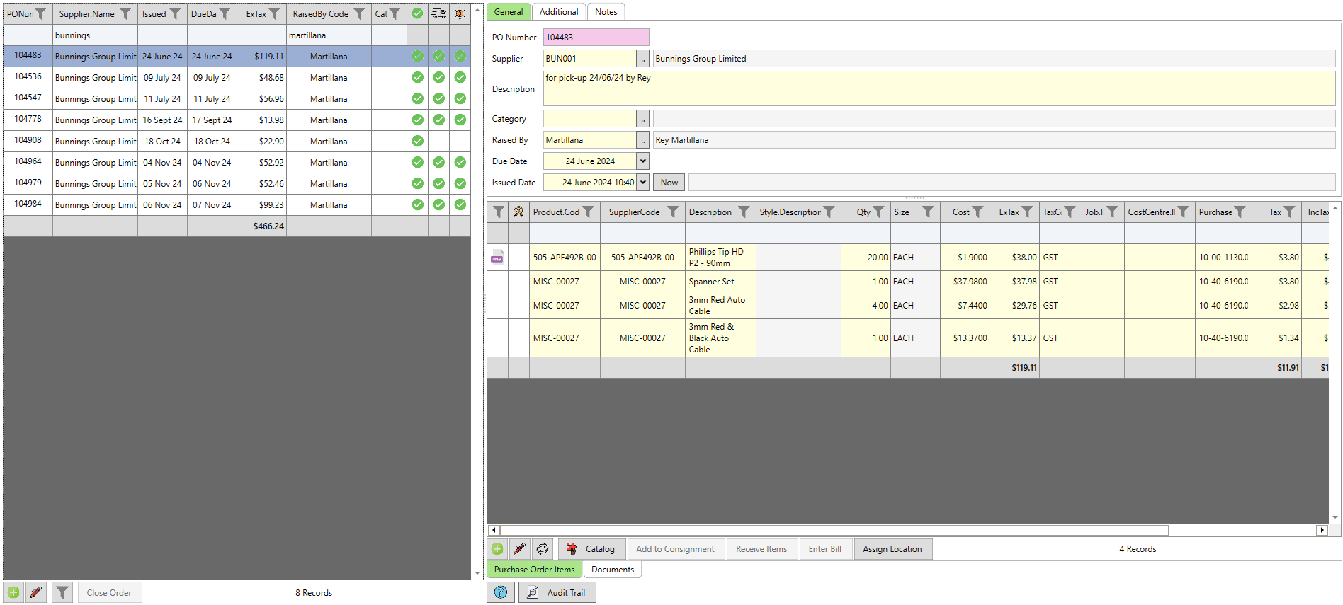 List of Purchase Orders and relevant information with a quick view of which orders have been sent to the supplier, delivered, and payment made