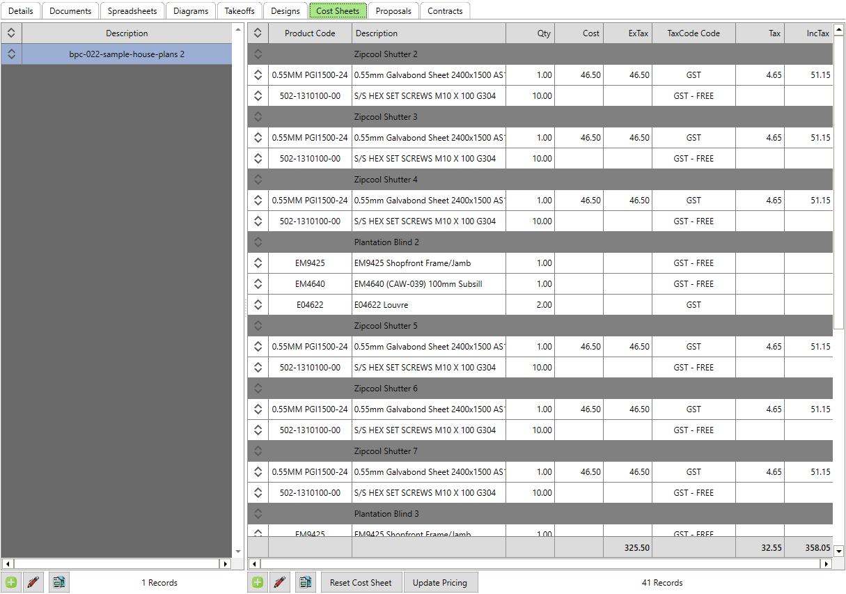 List of costs separated by editable categories