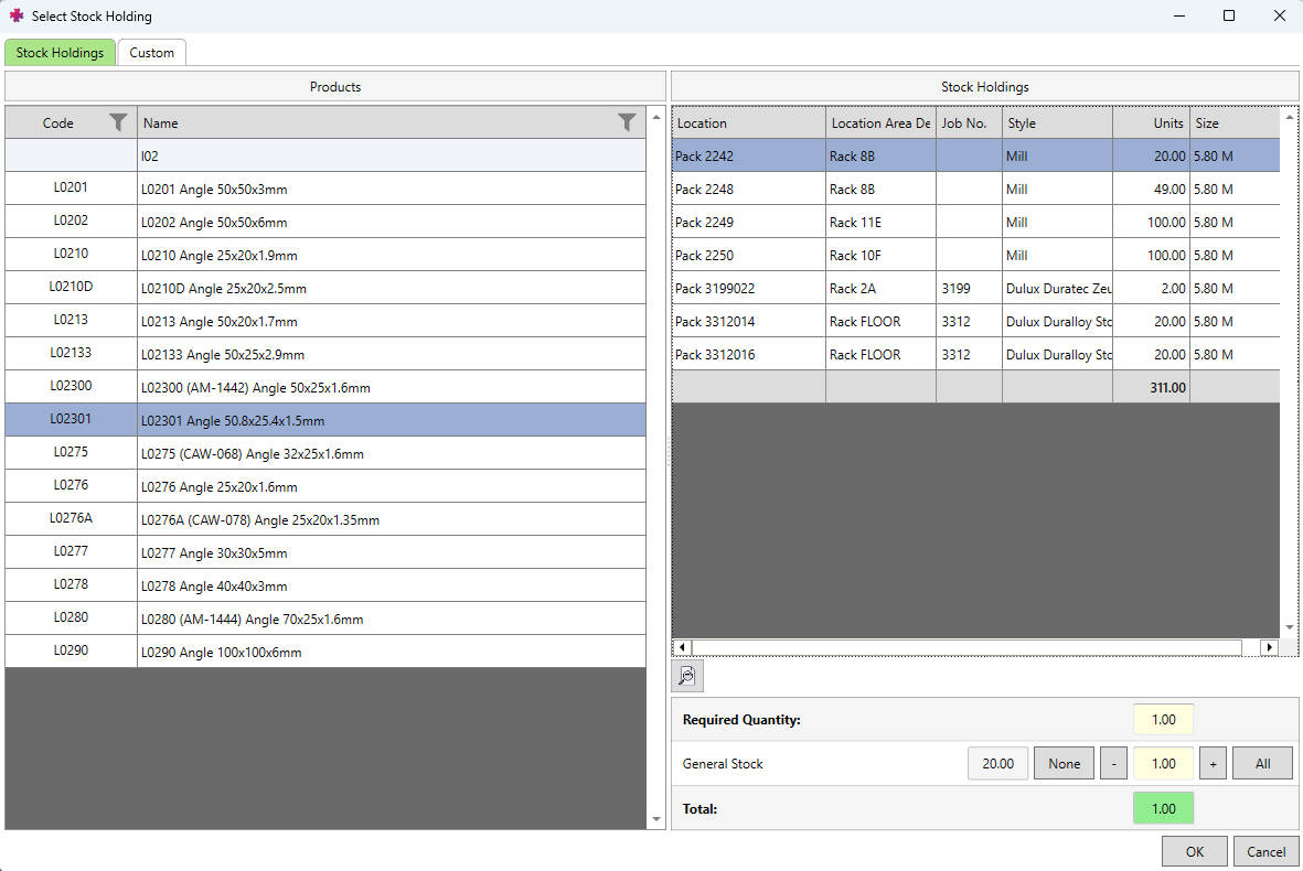 Items are picked either from job-allocated stock or stock - once the correct product is located using the left panel, you can select exactly where you pull it from on the right