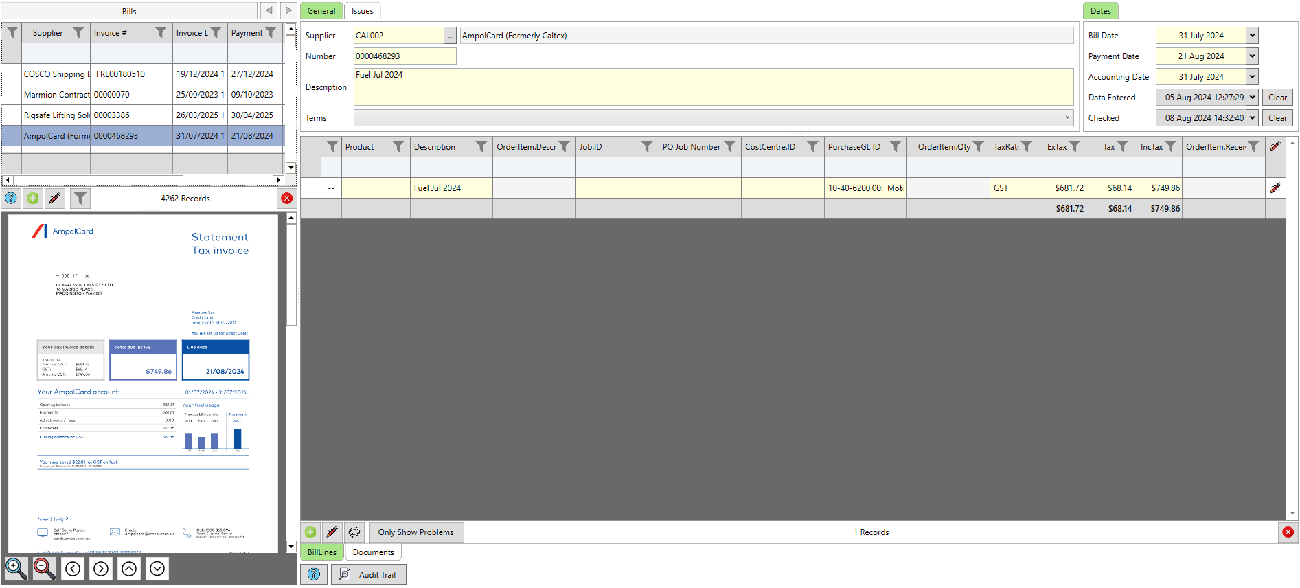 List of all the bills - showing the attached invoice from Data Entry and relevant information