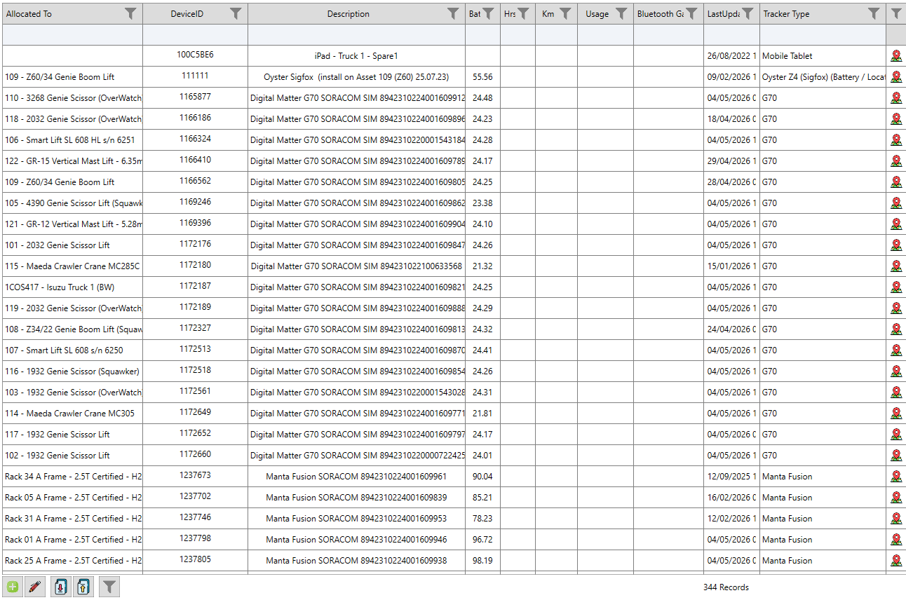 Lists all your equipment that you have GPS trackers attached with all the relevant information