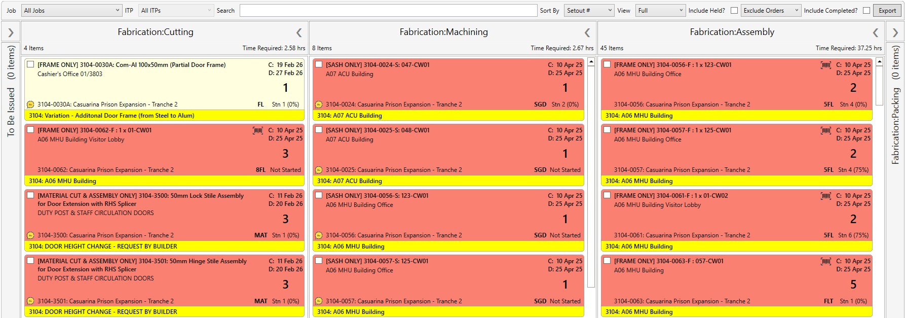 An overview of the packets in different areas and at different completion levels in one factory